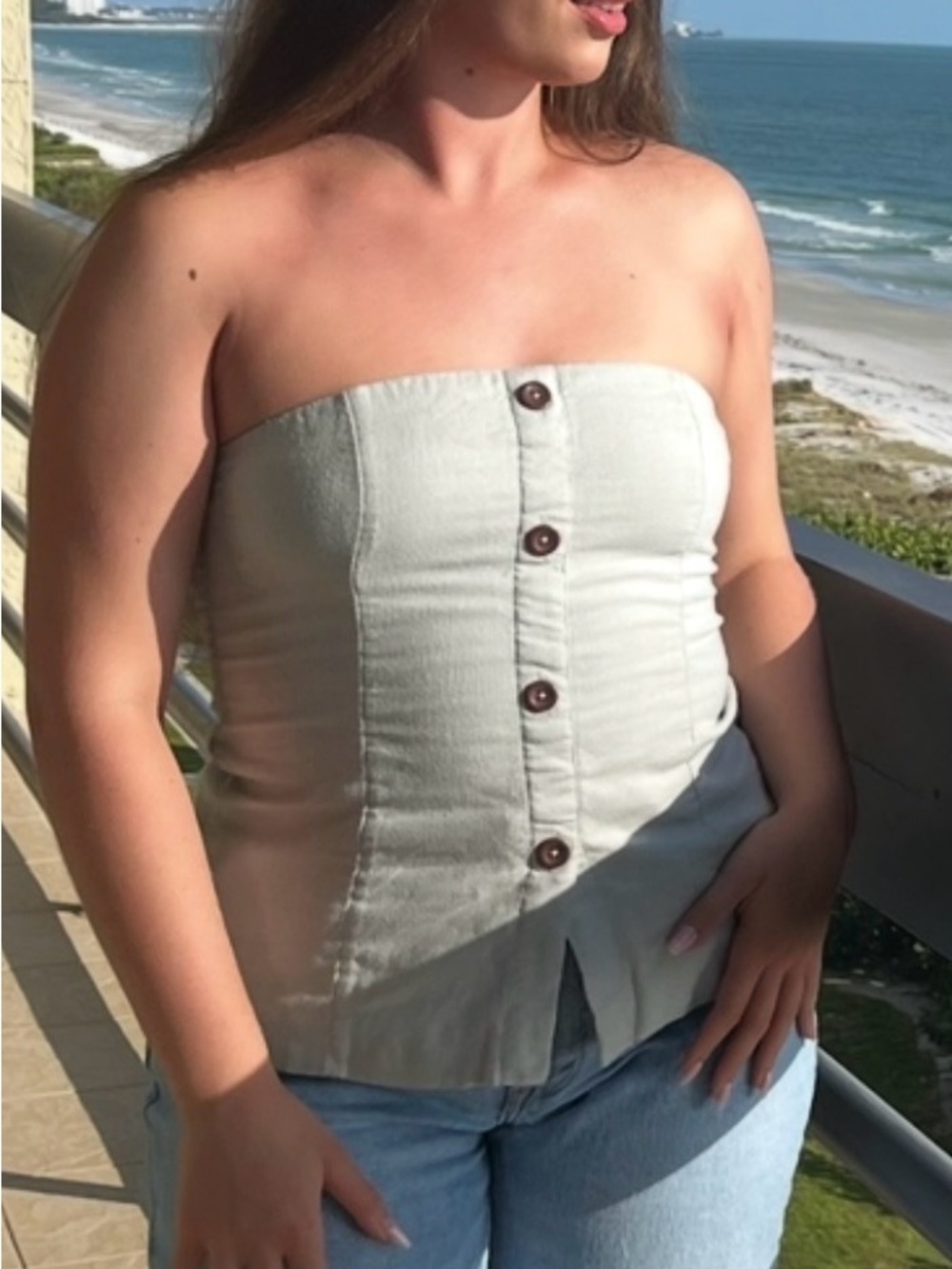 Abercrombie Strapless Button-Front Linen Blend Tube Top in Light Green